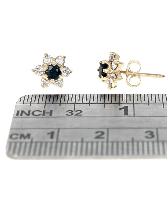 Blue Sapphire and Diamond Flower Stud Earrings in Yellow Gold
